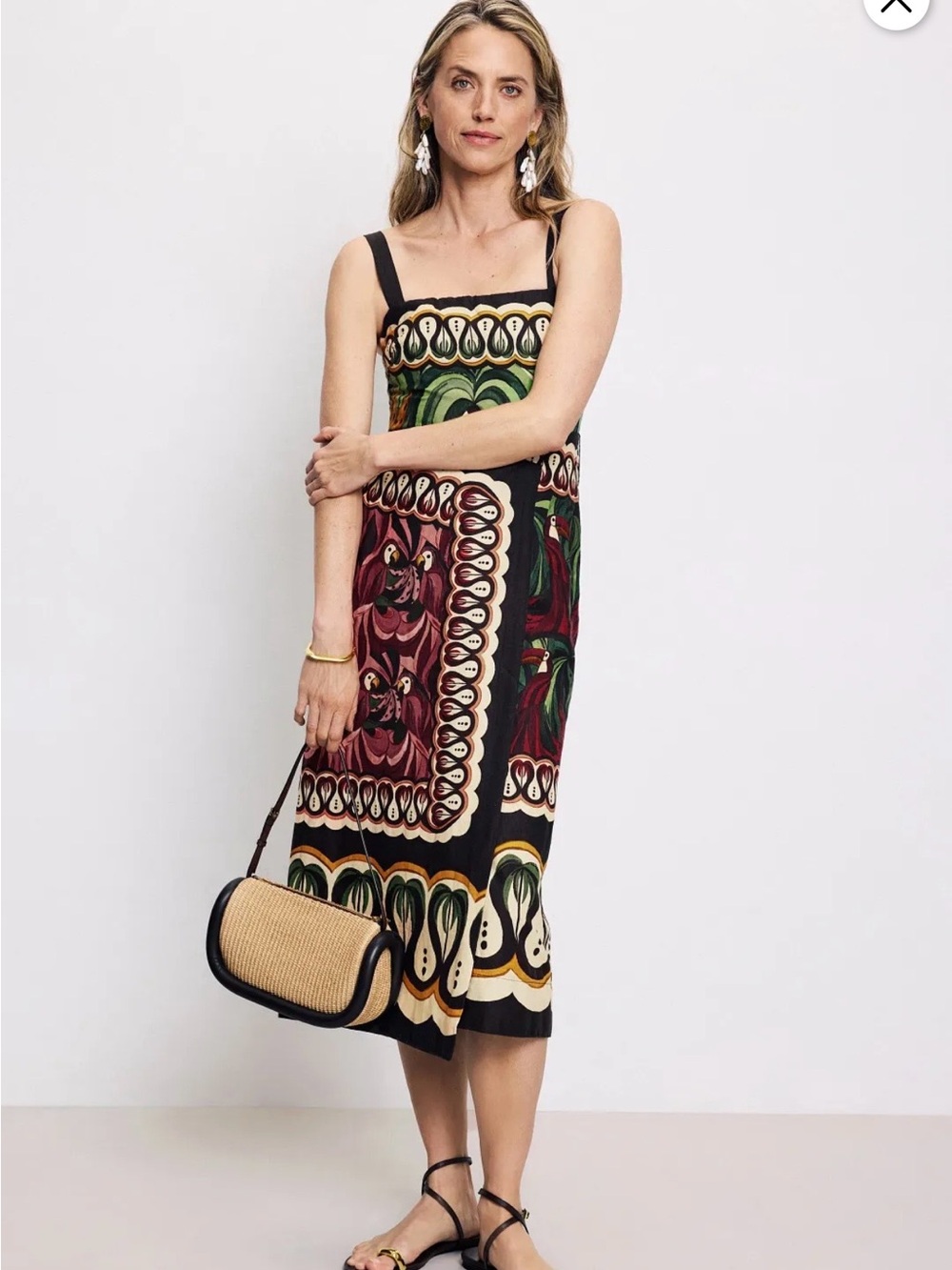 FARM Rio Black Midi Dress with Green and Burgundy Print